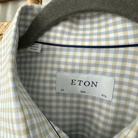 Eton 100% cotton twill slim fit gingham button down dress shirt- 40,15 3/4  Dress